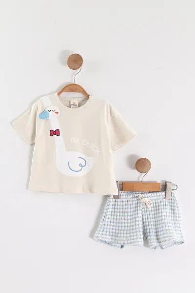 Bebe Mavisi Taş (1-4 Yaş)Duck Baskılı Şortlu Kız Çocuk Takım 464269