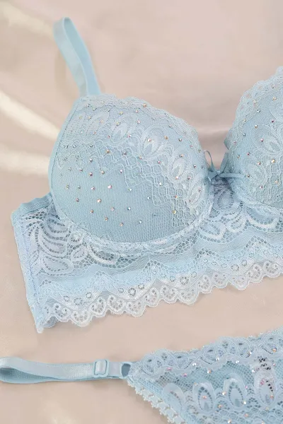 Bebe Mavisi Taşlı Dantelli Destekli Sütyen Takımı 365944