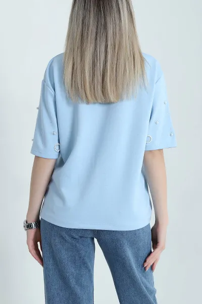 Bebe Mavisi Taşlı İncili Likralı Oysho Kadın Tişört 469924