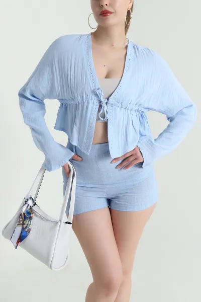 Bebe Mavisi Taşlı Müslin Keten Kadın Kimono Bluz 466284