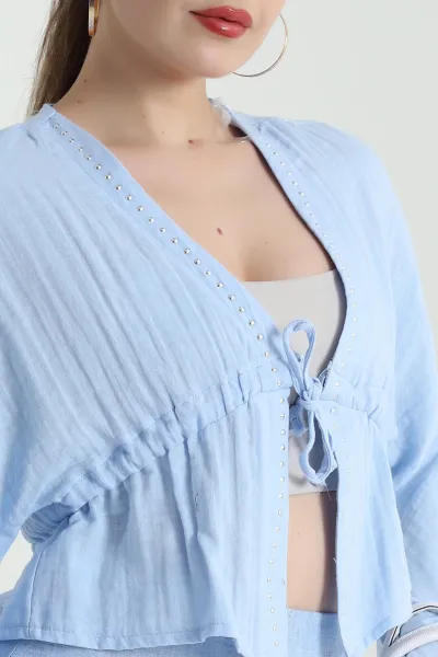 Bebe Mavisi Taşlı Müslin Keten Kadın Kimono Bluz 466284