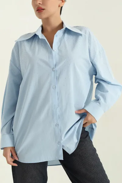 Bebe Mavisi Taşlı Poplin Kadın Gömlek 368993