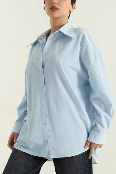 Bebe Mavisi Taşlı Poplin Kadın Gömlek 368993
