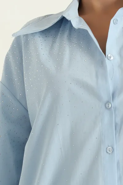 Bebe Mavisi Taşlı Poplin Kadın Gömlek 368993
