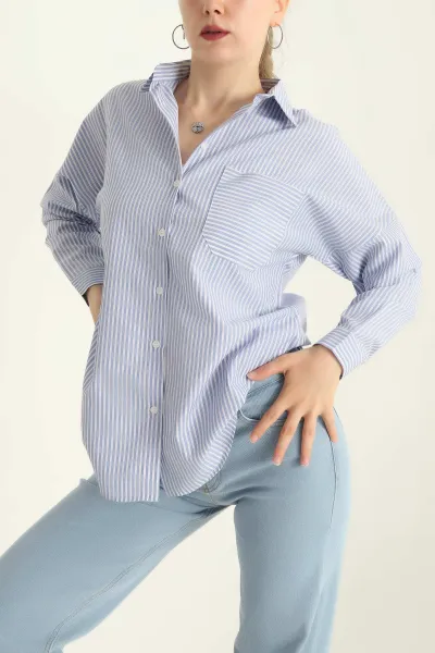 Bebe Mavisi Tek Cep Oversize Tunik Gömlek 286277