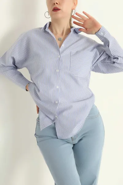 Bebe Mavisi Tek Cep Oversize Tunik Gömlek 286277