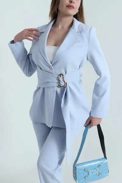 Bebe Mavisi Toka Kuşaklı Astarlı Ceket Pantolon Kadın İkili Takım 487434