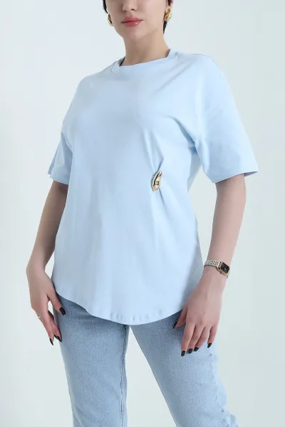 Bebe Mavisi Tokalı Bisiklet Yaka İnterlok Kadın Tişört 453925