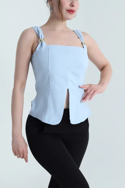 Bebe Mavisi Tokalı Keten Kadın Bluz 475035