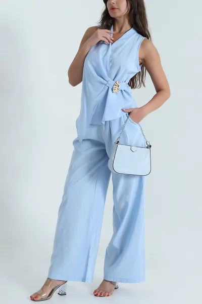 Bebe Mavisi Tokalı Tencel Bluz  Pantolon Kadın İkili Takım 472325