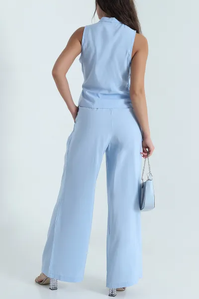 Bebe Mavisi Tokalı Tencel Bluz  Pantolon Kadın İkili Takım 472325