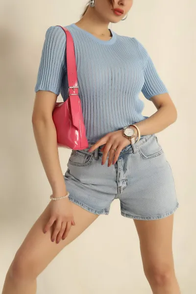 Bebe Mavisi Transparan Triko Bluz 272852