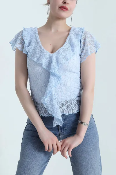 Bebe Mavisi V Yaka Dantelli Tül Bluz 454062