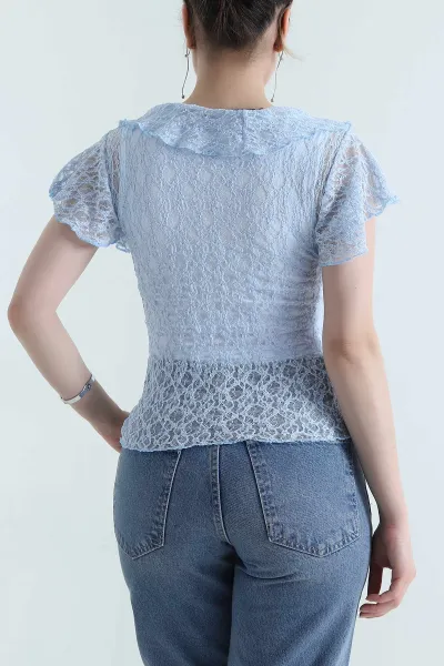 Bebe Mavisi V Yaka Dantelli Tül Bluz 454062