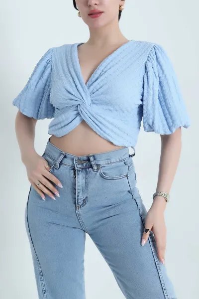 Bebe Mavisi V Yaka Gofre Kadın Crop 456754