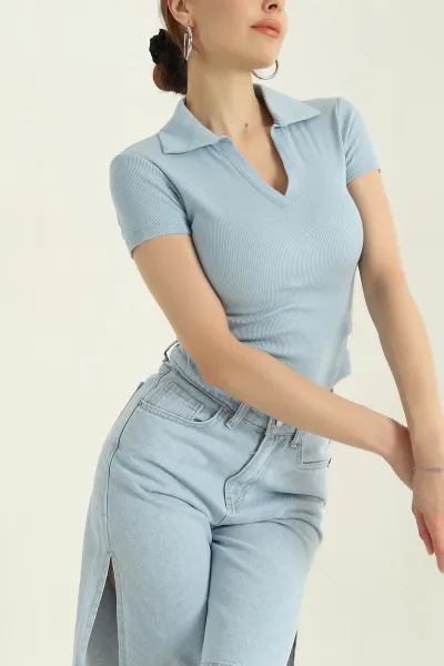 Bebe Mavisi Yakalı Fitilli Kadın Bluz 365469