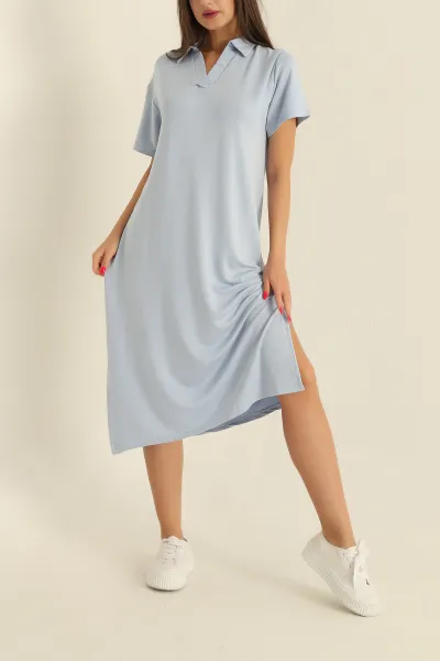 Bebe Mavisi Yakalı Yırtmaçlı Modal Elbise 278736