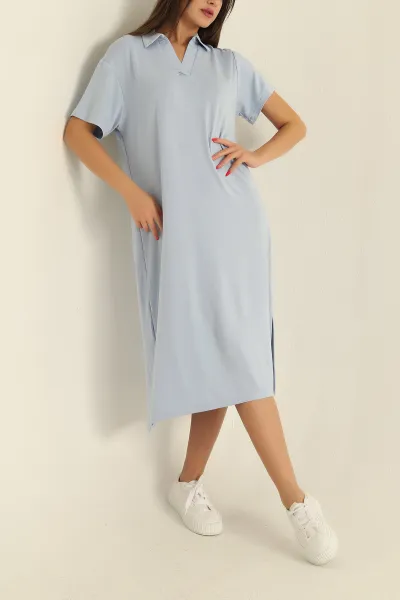 Bebe Mavisi Yakalı Yırtmaçlı Modal Elbise 278736