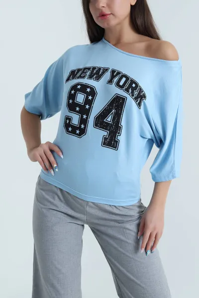 Bebe Mavisi Yarasa Kol Baskılı Kadın Kristal Bluz 483258