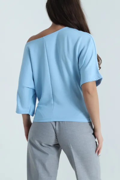 Bebe Mavisi Yarasa Kol Baskılı Kadın Kristal Bluz 483258