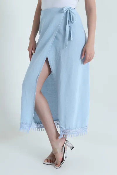 Bebe Mavisi Yırtmaçlı Keten Kadın Etek 469460