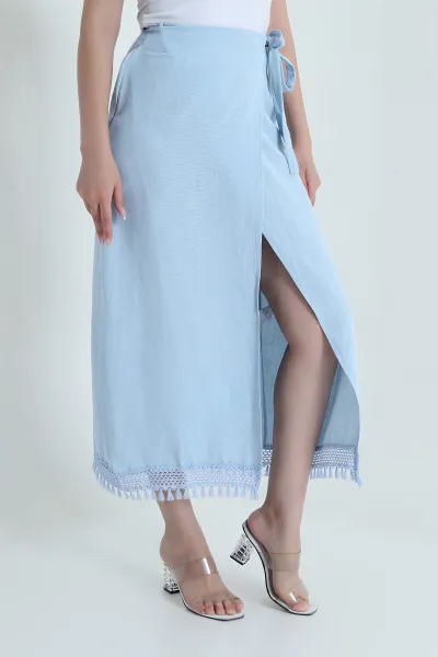 Bebe Mavisi Yırtmaçlı Keten Kadın Etek 469460