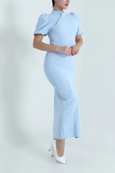 Bebe Mavisi Yırtmaçlı Taşlı Fermuarlı Dabıl Kadın Abiye 474290