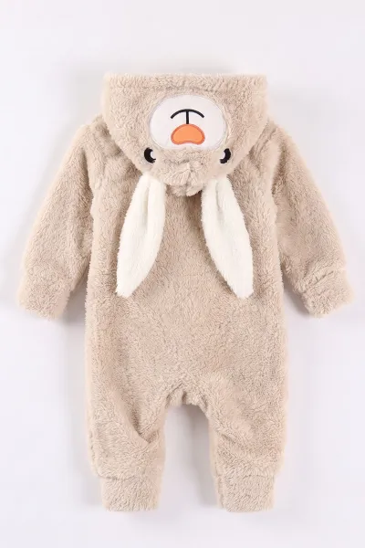Bej (0-12 Ay) Kapüşonu Tavşan Nakışlı  Peluş Unisex Bebek Tulum 495382