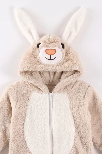 Bej (0-12 Ay) Kapüşonu Tavşan Nakışlı  Peluş Unisex Bebek Tulum 495382