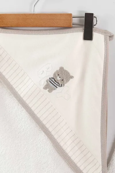 Bej (0-12 Ay) Panda Nakışlı   4'lü  Bebek Bornoz Seti 436109