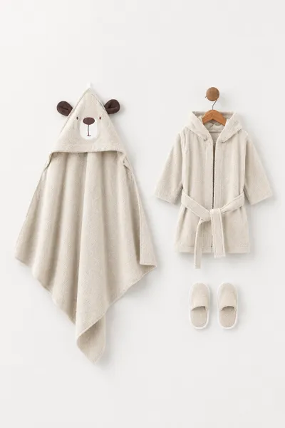 Bej (0-24 Ay) Ayı Nakışlı Unisex Bebek Bornoz Seti 476659