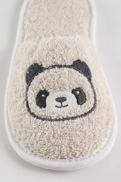 Bej (0-24 Ay) Gülen Panda  Nakışlı Unisex Bebek Bornoz Seti 475602