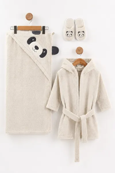 Bej (0-24 Ay) Gülen Panda  Nakışlı Unisex Bebek Bornoz Seti 475602