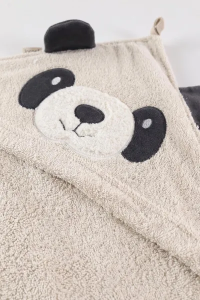 Bej (0-24 Ay) Gülen Panda  Nakışlı Unisex Bebek Bornoz Seti 475602