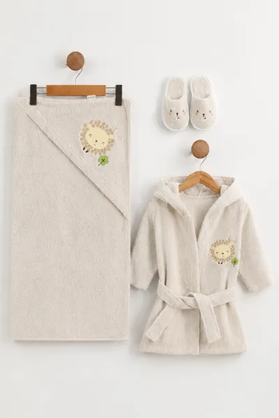 Bej (0-24 Ay) Kuzucuk Nakışlı Unisex Bebek Bornoz Seti 475600
