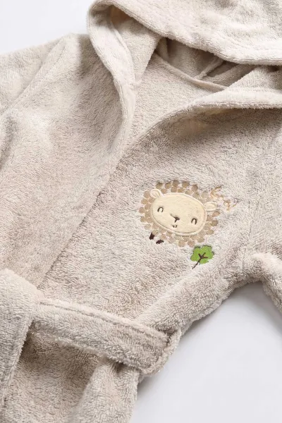 Bej (0-24 Ay) Kuzucuk Nakışlı Unisex Bebek Bornoz Seti 475600