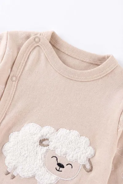 Bej (0-3 Ay) Peluş Kuzu Nakışlı Patikli Yeni Doğan Bebek 3'lü Zıbın Takım 477183