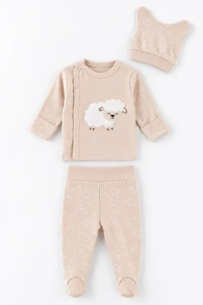 Bej (0-3 Ay) Peluş Kuzu Nakışlı Patikli Yeni Doğan Bebek 3'lü Zıbın Takım 477183