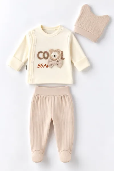 Bej (0-3 Ay)Süzene Cool Nakışlı  Patikli ve Şapkalı Erkek Bebek 3'lü Takım 477130