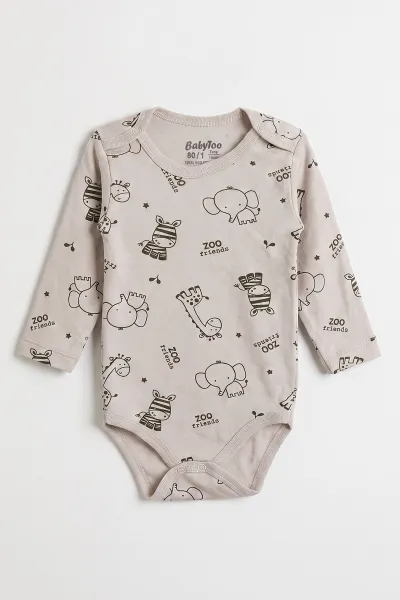Bej (0-3 Yaş) Safari Desenli Uzun Kol Bebek &Çocuk Çıtçıtlı Badi 482374