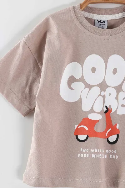Bej (0-4 Yaş)Good Vibes Baskılı Tişörtlü  Şortlu  Erkek Çocuk Yazlık Takım 461722