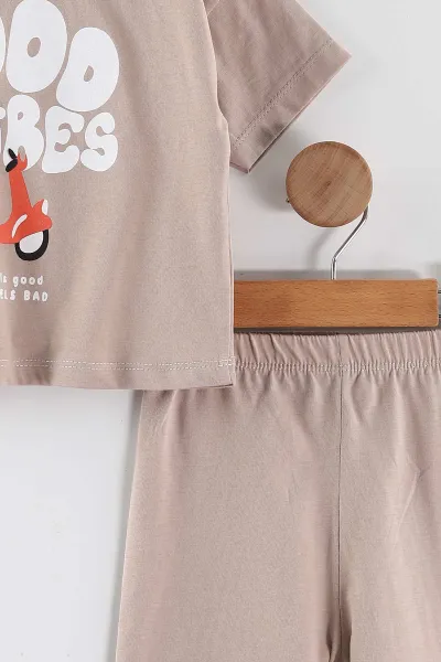 Bej (0-4 Yaş)Good Vibes Baskılı Tişörtlü  Şortlu  Erkek Çocuk Yazlık Takım 461722