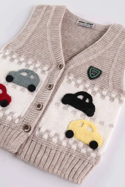 Bej (0-5 Yaş) Araba Motifli Triko Erkek Çocuk&Bebek Yelek 474863
