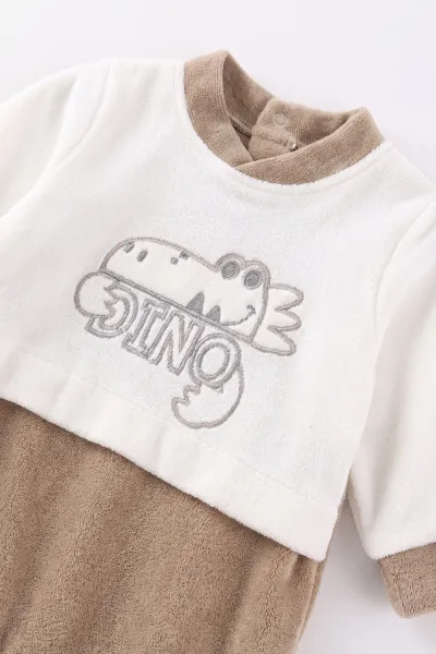 Bej (0-9 Ay) Dinozor Nakışlı Patikli Şapkalı Kadife Erkek Bebek Tulum 497891