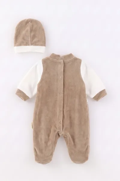 Bej (0-9 Ay) Dinozor Nakışlı Patikli Şapkalı Kadife Erkek Bebek Tulum 497891