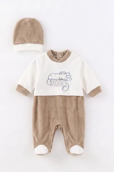 Bej (0-9 Ay) Dinozor Nakışlı Patikli Şapkalı Kadife Erkek Bebek Tulum 497891