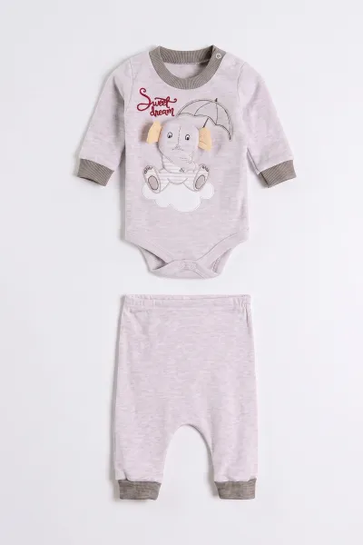 Bej (0-9 Ay)  Fil  Nakışlı Kapüşonlu Çıtçıtlı Hırkalı 3'lü Erkek Bebe Takım 475937