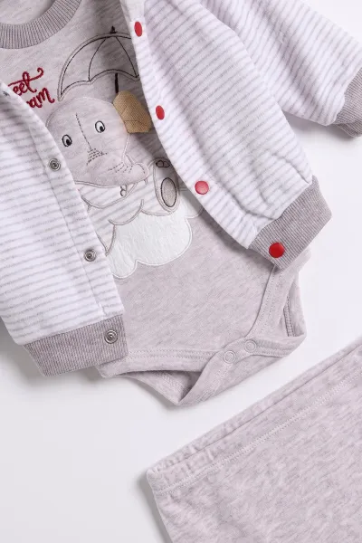 Bej (0-9 Ay)  Fil  Nakışlı Kapüşonlu Çıtçıtlı Hırkalı 3'lü Erkek Bebe Takım 475937
