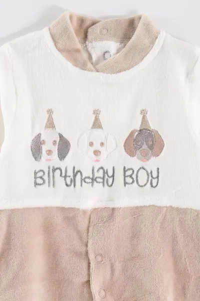 Bej (0-9 Ay) Köpek Nakışlı Patikli Şapkalı Kadife Erkek Bebek Tulum 497887
