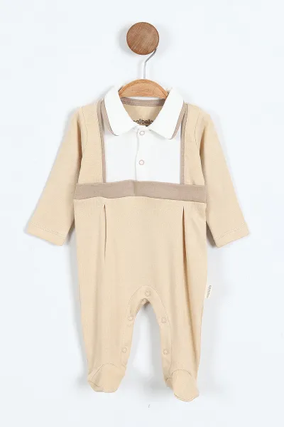 Bej (0-9 Ay) Yakadan Çıtçıtlı Patikli Erkek Bebek Tulum 400312